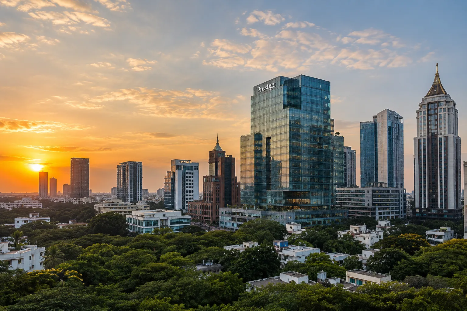 Bengaluru at sunset — glass office towers rising out of dense green tree cover, the sky washed orange behind the skyline.