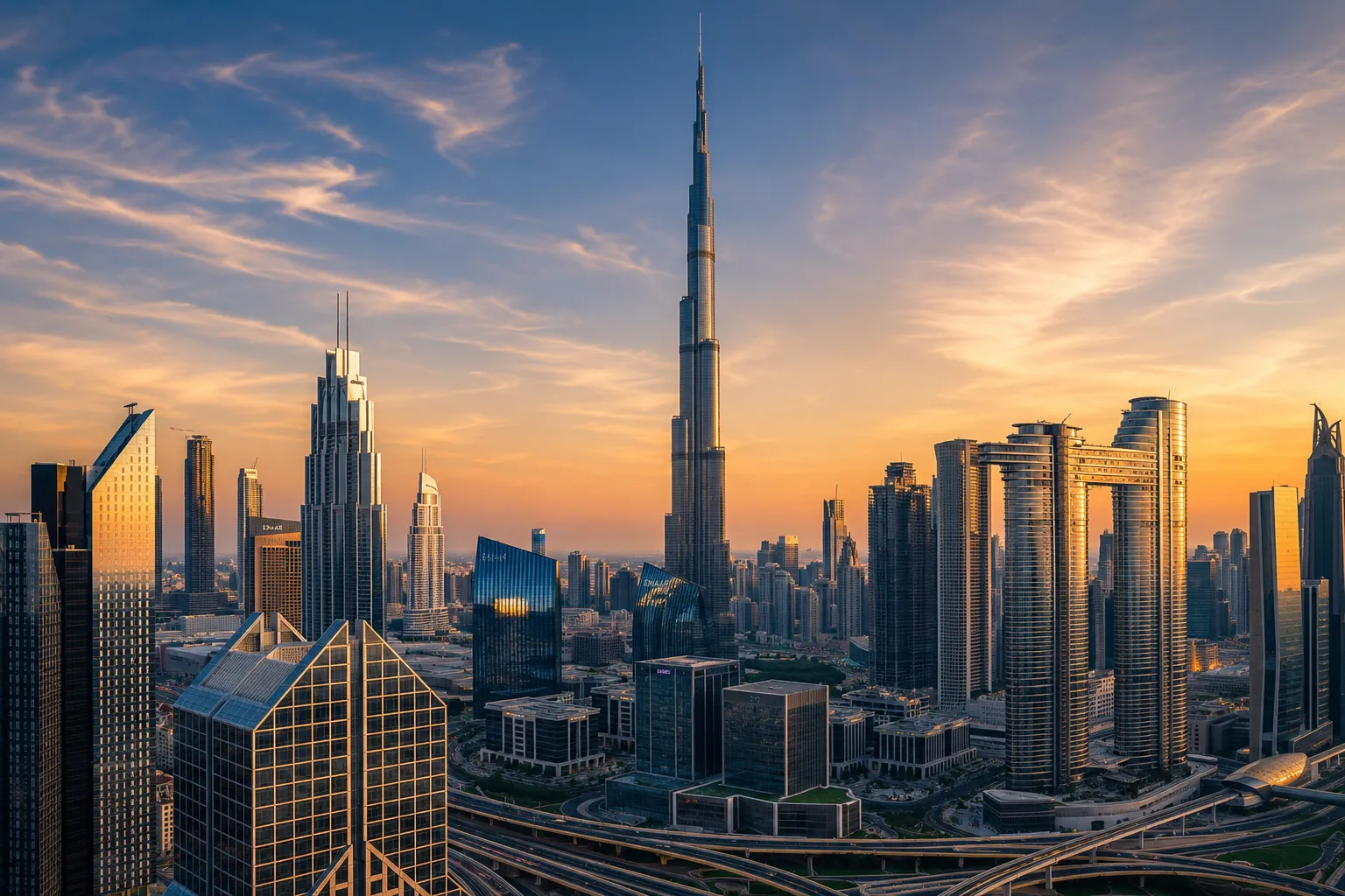 The Dubai skyline at golden hour, the Burj Khalifa rising at its centre above downtown towers and highway interchanges.