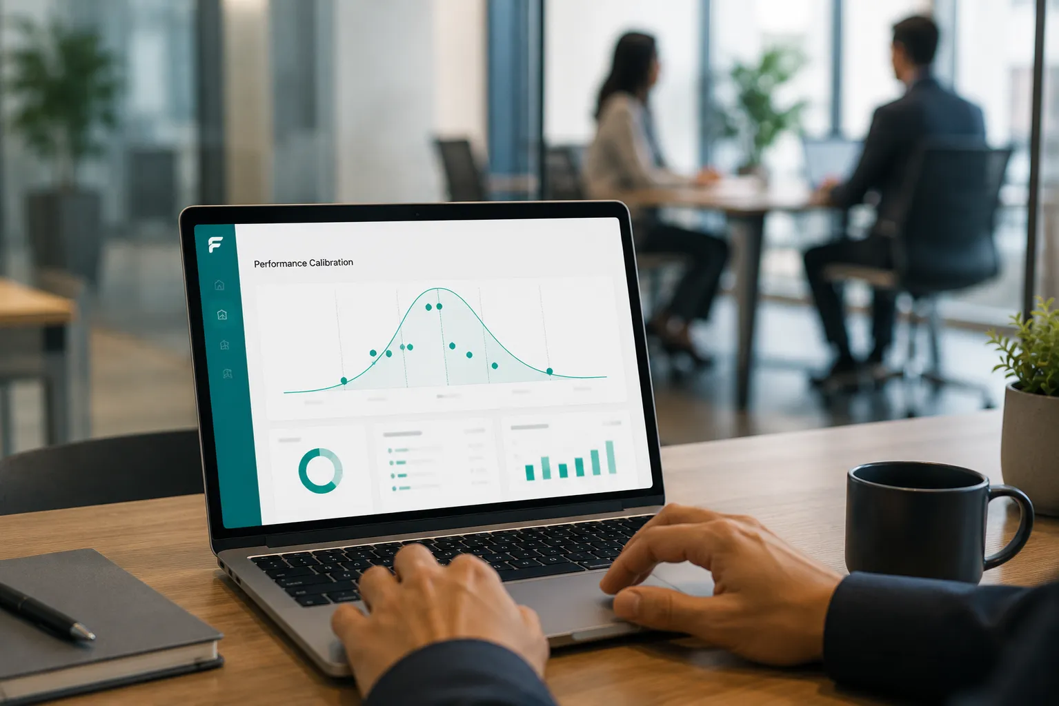 A laptop showing the FlowZa PMS Performance Calibration screen — a bell curve with individual ratings plotted, plus summary charts below — with a colleague visible in a meeting room behind