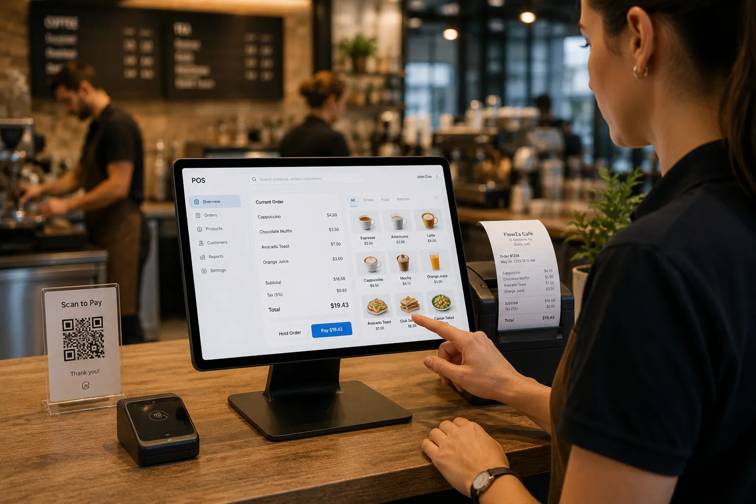 A hand entering an order on a café POS touchscreen as the receipt prints beside it, with a barista at work behind the counter