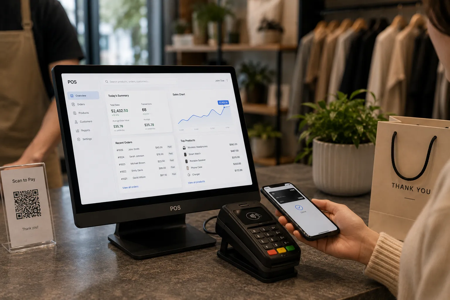 A shopper holding a phone to a card reader at a retail counter, with a POS terminal showing the day's sales summary