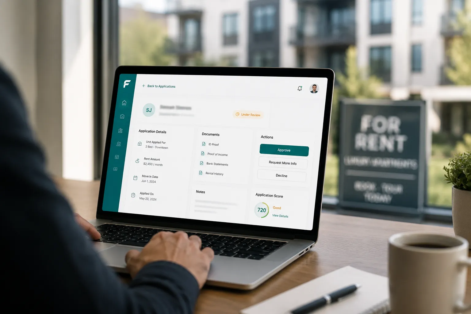 A laptop showing a single FlowZa RentFlow application — screening documents, an application score of 720, and Approve, Request More Info and Decline actions — beside a window with a For Rent sign